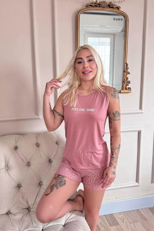 Pudra Feeling Good Desenli Bambu Sıfır Kol Şortlu Kadın Pijama Takımı - Pijamaevi (1)