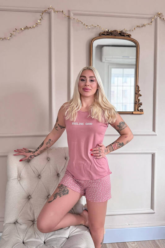 Pudra Feeling Good Desenli Bambu Sıfır Kol Şortlu Kadın Pijama Takımı - Pijamaevi (2)
