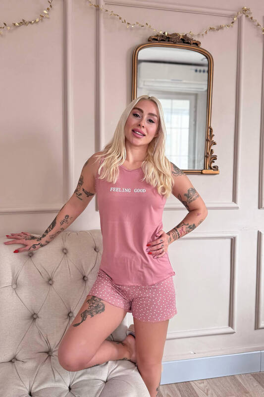 Pudra Feeling Good Desenli Bambu Sıfır Kol Şortlu Kadın Pijama Takımı - Pijamaevi (3)