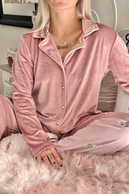Pudra Floral Desenli Exclusive Kadife Kadın Pijama Takımı  - 4