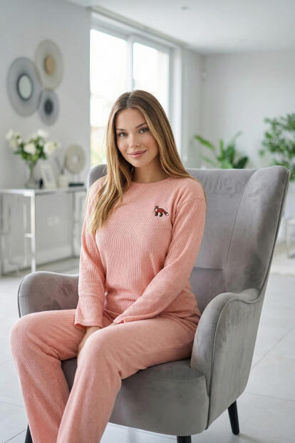 Pudra Fox Desenli Uzun Kollu Seul Örme Kadın Pijama Takımı - 2