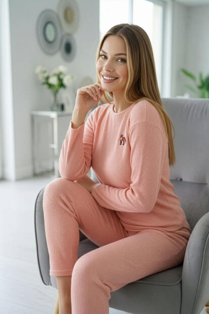 Pudra Fox Desenli Uzun Kollu Seul Örme Kadın Pijama Takımı - 3