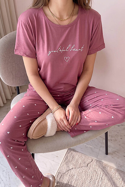 Pudra Grateful Heart Desenli Bambu Kısa Kol Kadın Pijama Takımı - 4