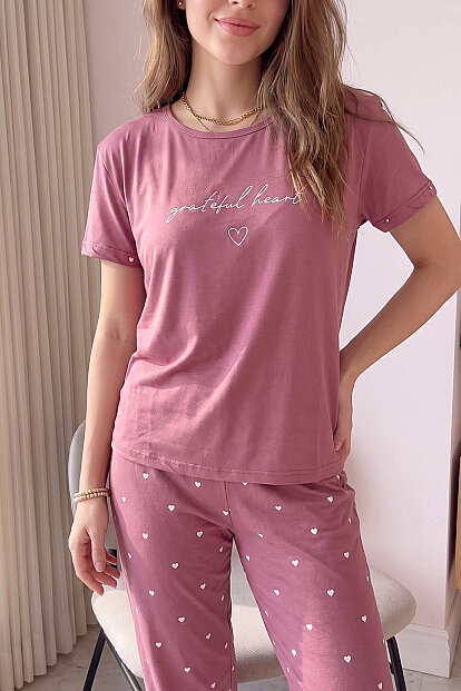 Pudra Grateful Heart Desenli Bambu Kısa Kol Kadın Pijama Takımı - 5
