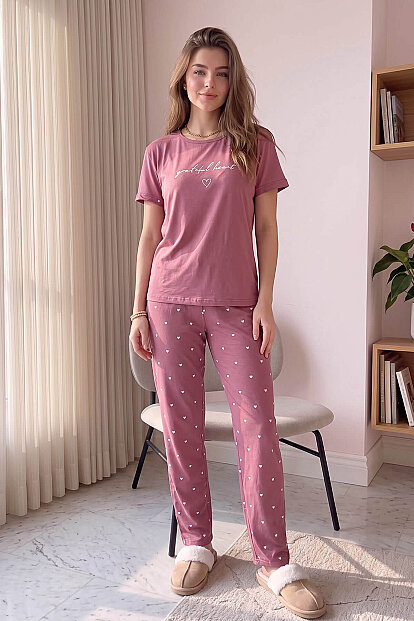 Pudra Grateful Heart Desenli Bambu Kısa Kol Kadın Pijama Takımı - 6