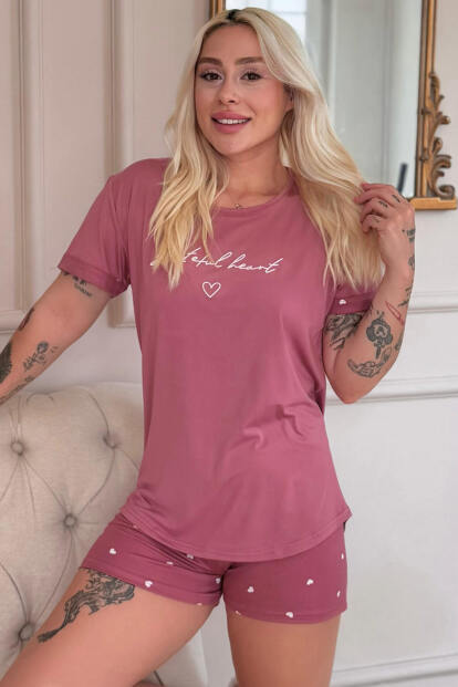 Pudra Grateful Heart Desenli Bambu Kısa Kol Kadın Şortlu Pijama Takımı 