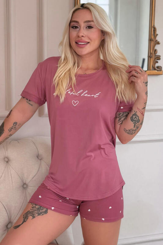 Pudra Grateful Heart Desenli Bambu Kısa Kol Kadın Şortlu Pijama Takımı - Pijamaevi