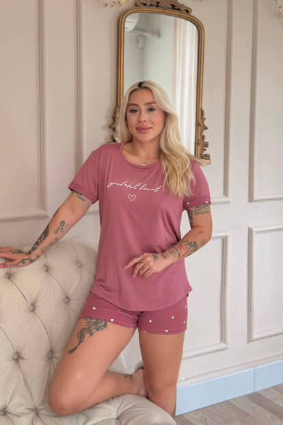 Pudra Grateful Heart Desenli Bambu Kısa Kol Kadın Şortlu Pijama Takımı - 2