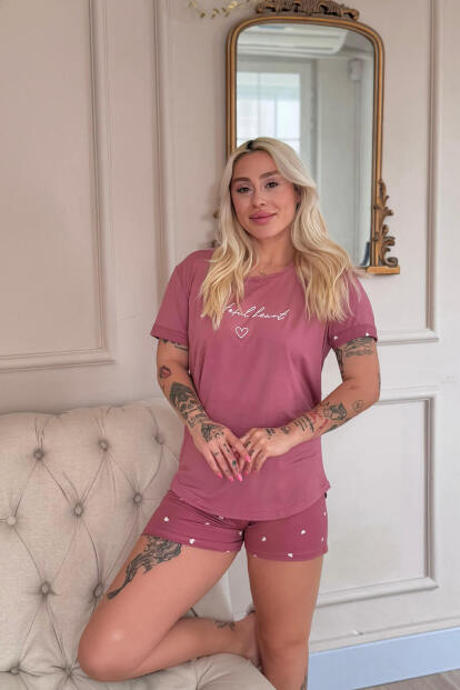 Pudra Grateful Heart Desenli Bambu Kısa Kol Kadın Şortlu Pijama Takımı - 3