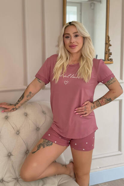 Pudra Grateful Heart Desenli Bambu Kısa Kol Kadın Şortlu Pijama Takımı - 4