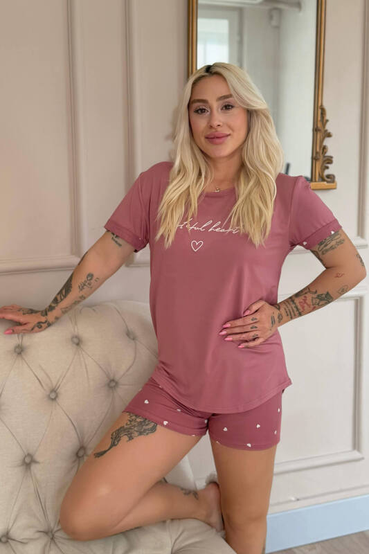 Pudra Grateful Heart Desenli Bambu Kısa Kol Kadın Şortlu Pijama Takımı - Pijamaevi (3)
