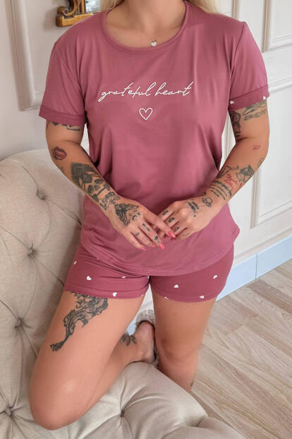 Pudra Grateful Heart Desenli Bambu Kısa Kol Kadın Şortlu Pijama Takımı - 5