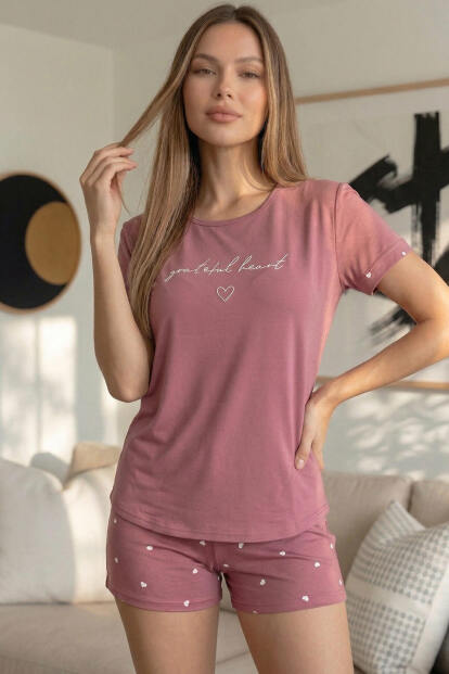 Pudra Grateful Heart Desenli Bambu Kısa Kol Kadın Şortlu Pijama Takımı - 3