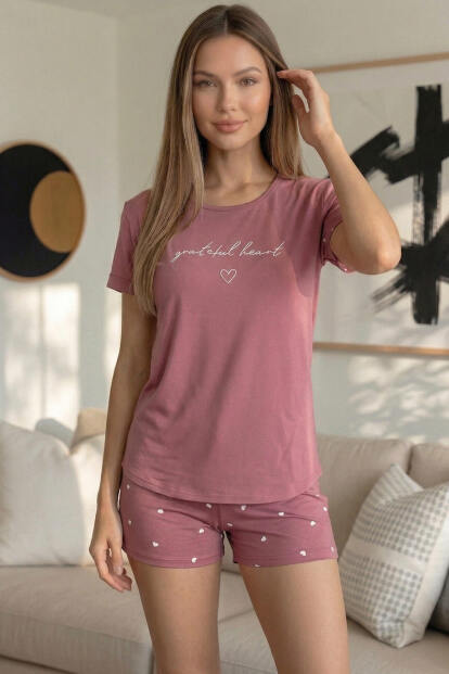 Pudra Grateful Heart Desenli Bambu Kısa Kol Kadın Şortlu Pijama Takımı - 4
