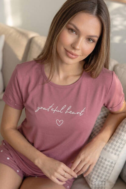 Pudra Grateful Heart Desenli Bambu Kısa Kol Kadın Şortlu Pijama Takımı - 5