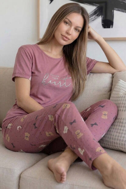 Pudra Heart Desenli Bambu Kısa Kol Kadın Pijama Takımı 