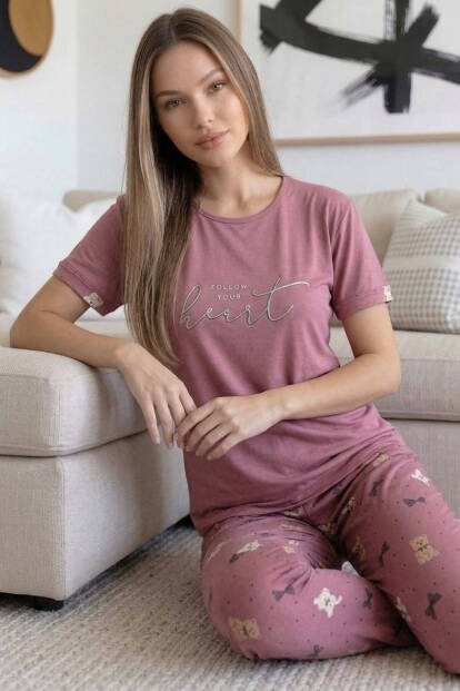 Pudra Heart Desenli Bambu Kısa Kol Kadın Pijama Takımı - 2