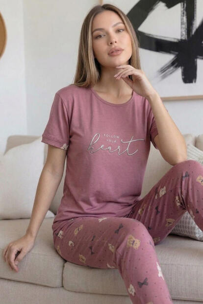 Pudra Heart Desenli Bambu Kısa Kol Kadın Pijama Takımı - 3