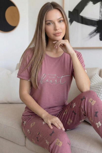 Pudra Heart Desenli Bambu Kısa Kol Kadın Pijama Takımı - 4