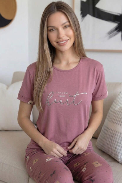 Pudra Heart Desenli Bambu Kısa Kol Kadın Pijama Takımı - 5