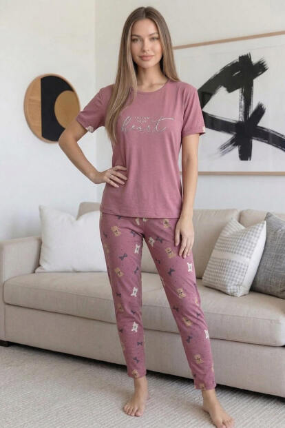 Pudra Heart Desenli Bambu Kısa Kol Kadın Pijama Takımı - 6
