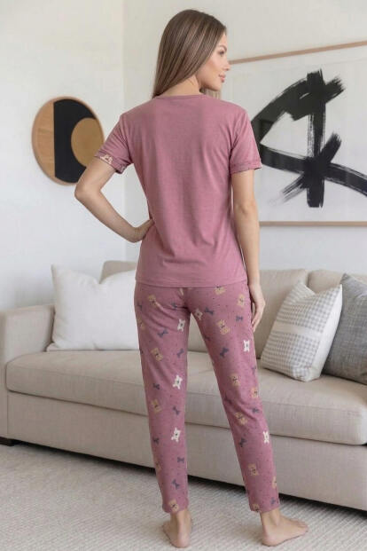 Pudra Heart Desenli Bambu Kısa Kol Kadın Pijama Takımı - 7