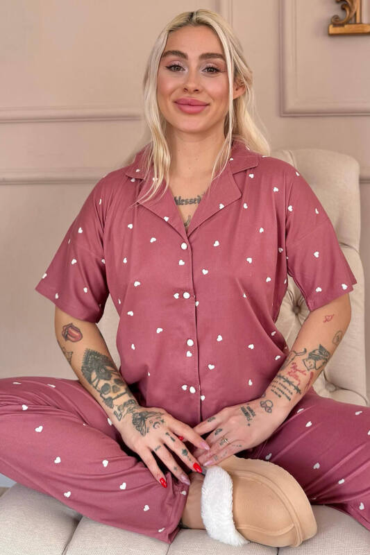 Pudra Heart Desenli Bambu Önden Düğmeli Kısa Kol Pijama Takımı - Pijamaevi