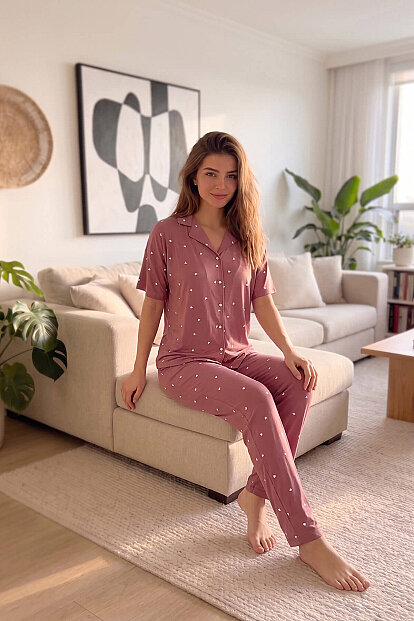 Pudra Heart Desenli Bambu Önden Düğmeli Kısa Kol Pijama Takımı - 3