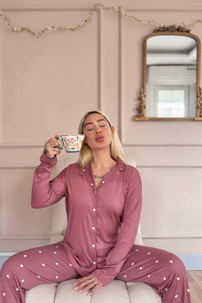 Pudra Heart Desenli Bambu Önden Düğmeli Uzun Kol Kadın Pijama Takımı - 2