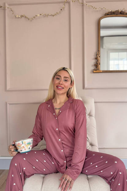 Pudra Heart Desenli Bambu Önden Düğmeli Uzun Kol Kadın Pijama Takımı - 4
