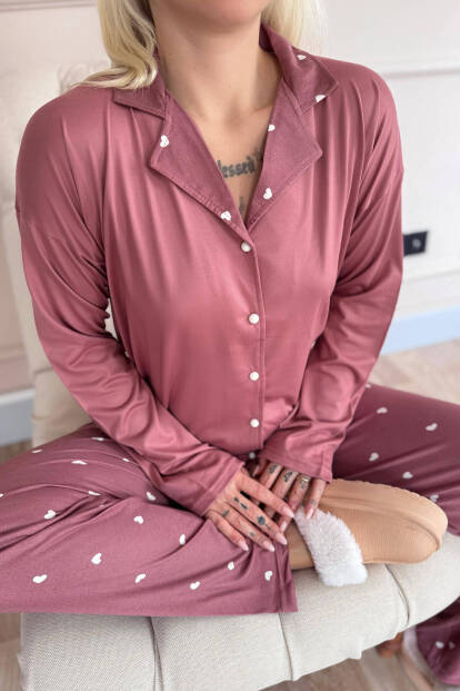 Pudra Heart Desenli Bambu Önden Düğmeli Uzun Kol Kadın Pijama Takımı - 5