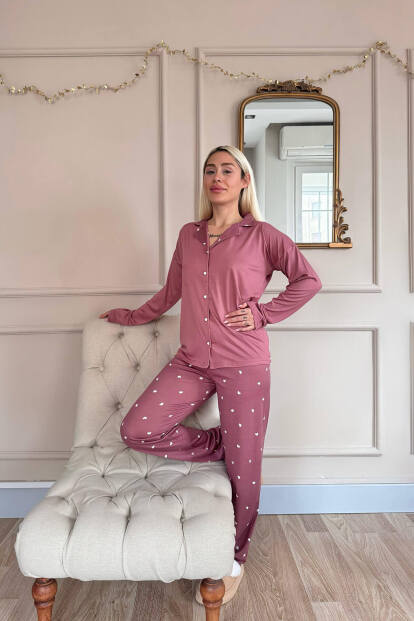Pudra Heart Desenli Bambu Önden Düğmeli Uzun Kol Kadın Pijama Takımı - 6