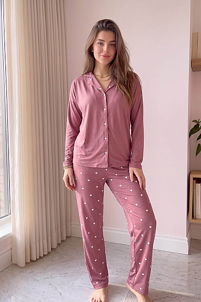 Pudra Heart Desenli Bambu Önden Düğmeli Uzun Kol Kadın Pijama Takımı - 6