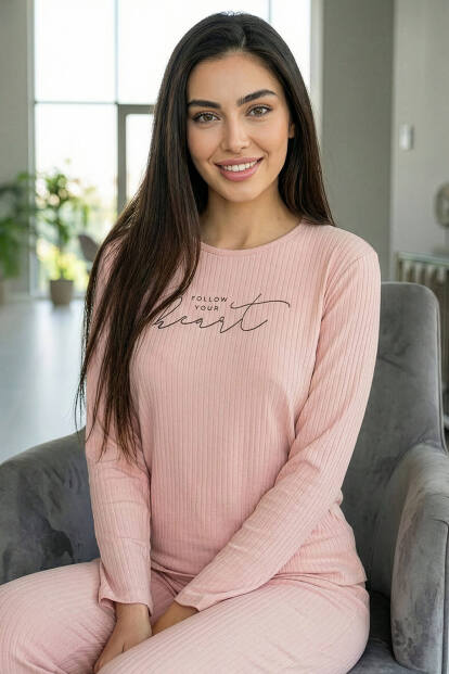 Pudra Heart Desenli Uzun Kollu Dublin Örme Kadın Pijama Takımı - 1