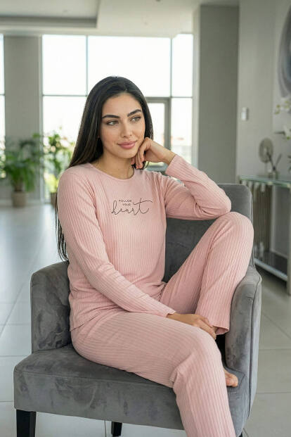 Pudra Heart Desenli Uzun Kollu Dublin Örme Kadın Pijama Takımı - 2