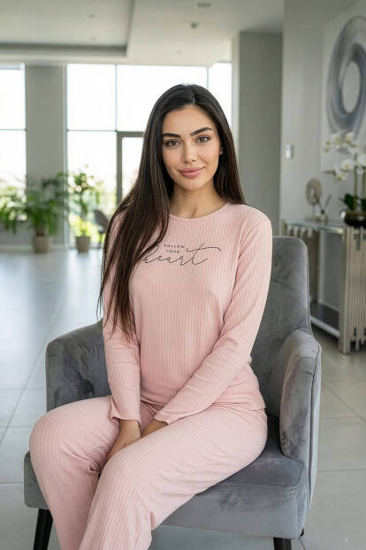 Pudra Heart Desenli Uzun Kollu Dublin Örme Kadın Pijama Takımı - 3