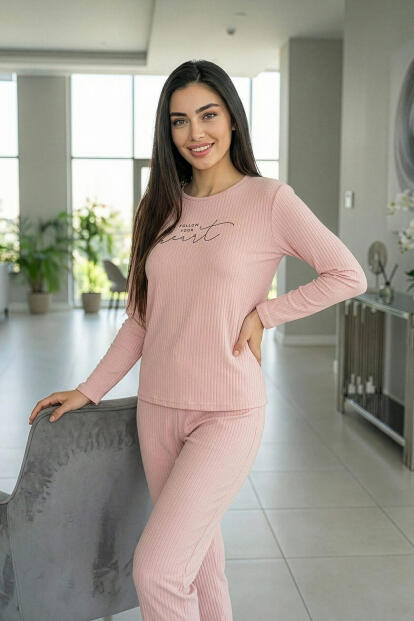 Pudra Heart Desenli Uzun Kollu Dublin Örme Kadın Pijama Takımı - 4