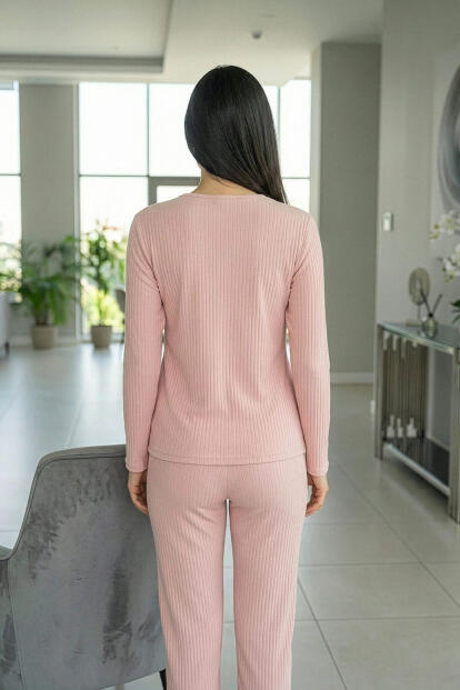 Pudra Heart Desenli Uzun Kollu Dublin Örme Kadın Pijama Takımı - 5