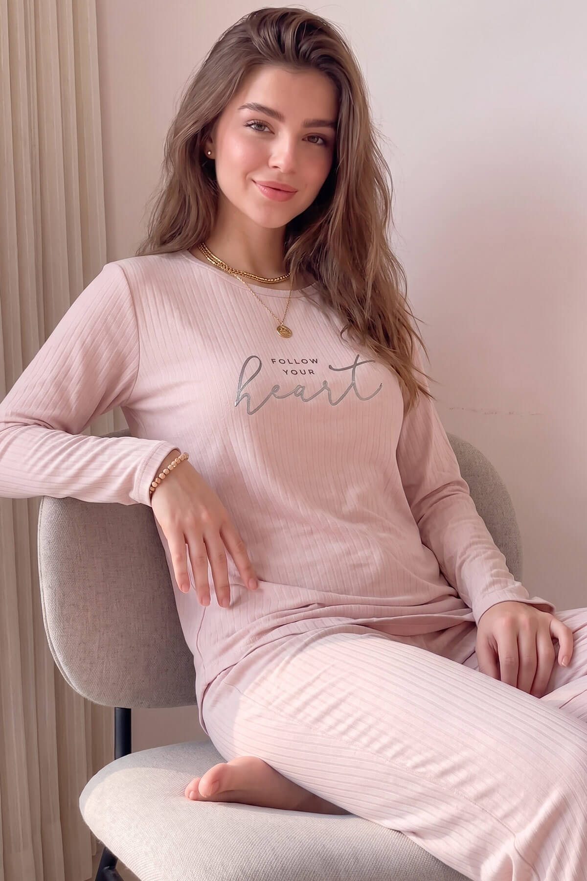 Pudra Heart Desenli Uzun Kollu Dublin Örme Kadın Pijama Takımı - Pijamaevi (1)