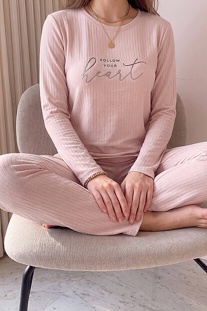 Pudra Heart Desenli Uzun Kollu Dublin Örme Kadın Pijama Takımı - 5
