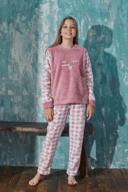 Pudra Home Desenli Kız Çocuk Peluş Pijama Takım - 4