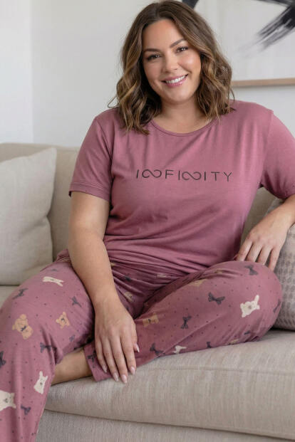 Pudra Infinity Desenli Büyük Beden Battal Bambu Kısa Kol Kadın Pijama Takımı - 1