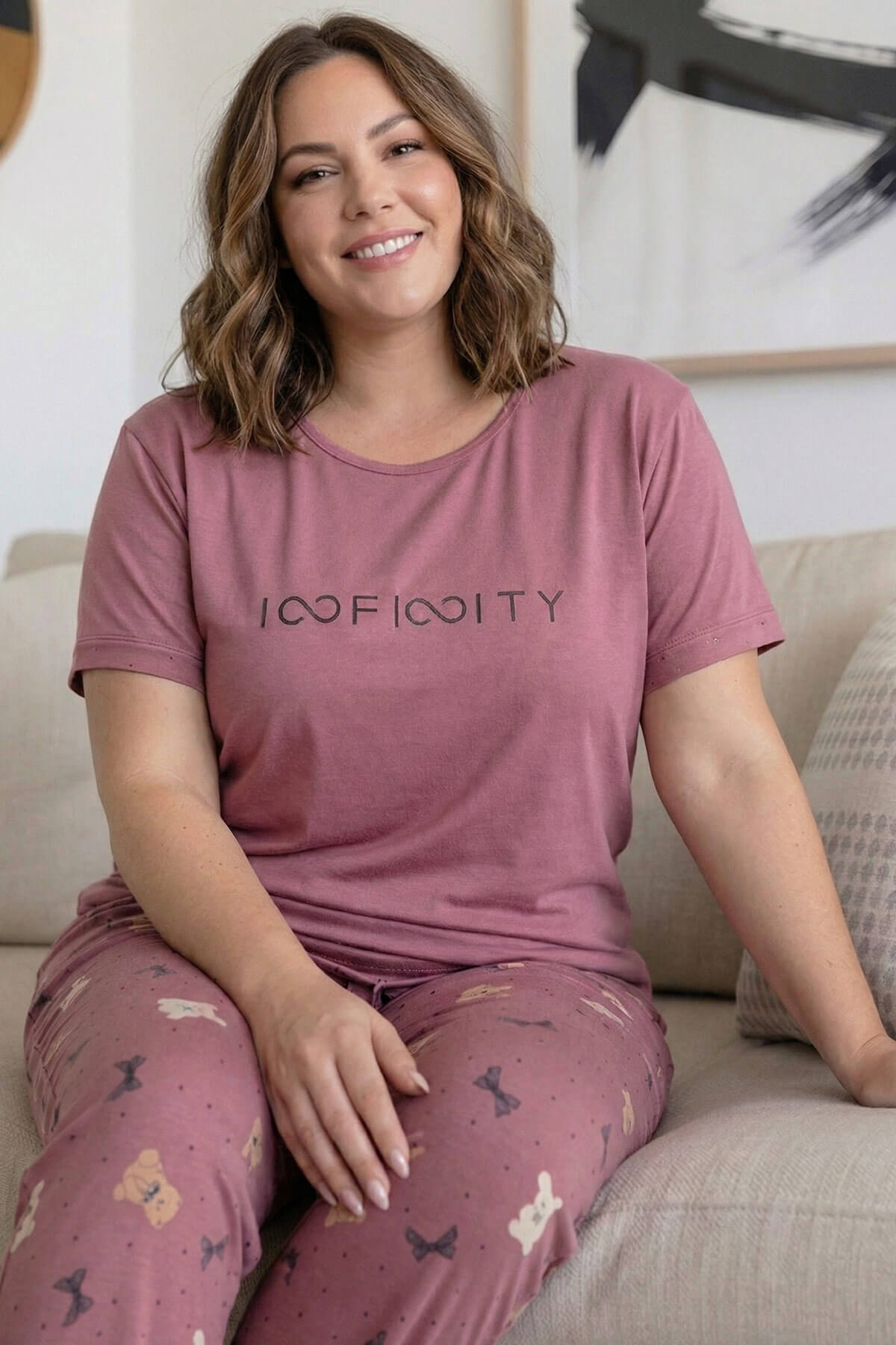 Pudra Infinity Desenli Büyük Beden Battal Bambu Kısa Kol Kadın Pijama Takımı - Pijamaevi (1)