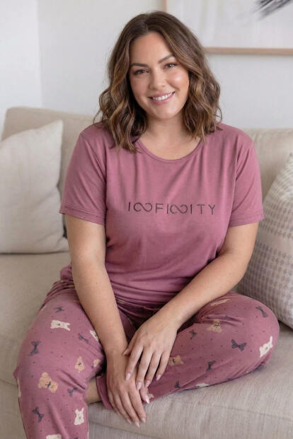 Pudra Infinity Desenli Büyük Beden Battal Bambu Kısa Kol Kadın Pijama Takımı - 3