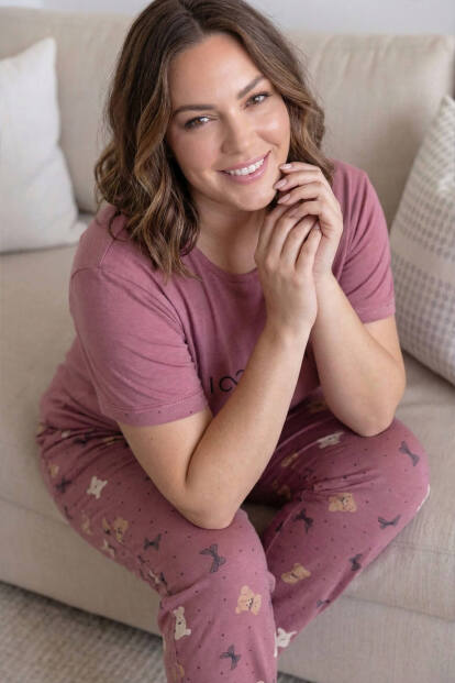 Pudra Infinity Desenli Büyük Beden Battal Bambu Kısa Kol Kadın Pijama Takımı - 5