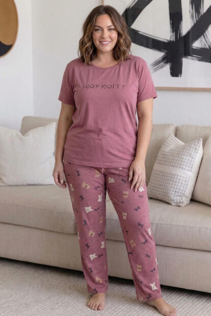 Pudra Infinity Desenli Büyük Beden Battal Bambu Kısa Kol Kadın Pijama Takımı - 6