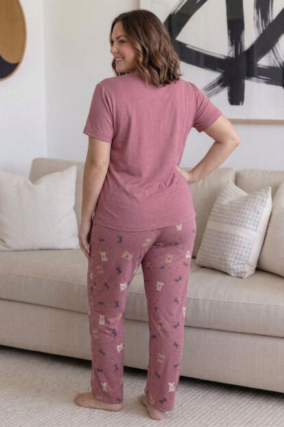 Pudra Infinity Desenli Büyük Beden Battal Bambu Kısa Kol Kadın Pijama Takımı - 7