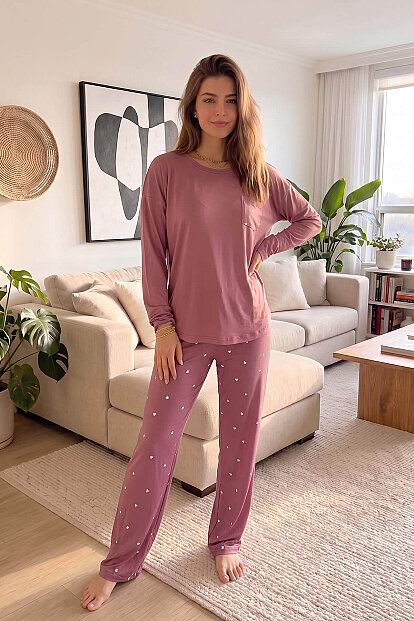 Pudra Kalp Desenli Bambu Uzun Kol Kadın Pijama Takımı - 7