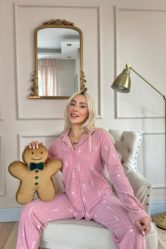 Pudra Kalp Desenli Önden Düğmeli Peluş Polar Pijama Takımı - Pijamaevi (2)