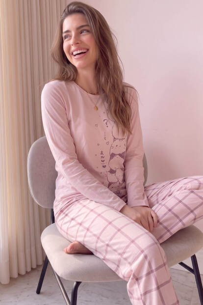 Pudra Katze Desenli Cotton Refined Kadın Pijama Takımı 